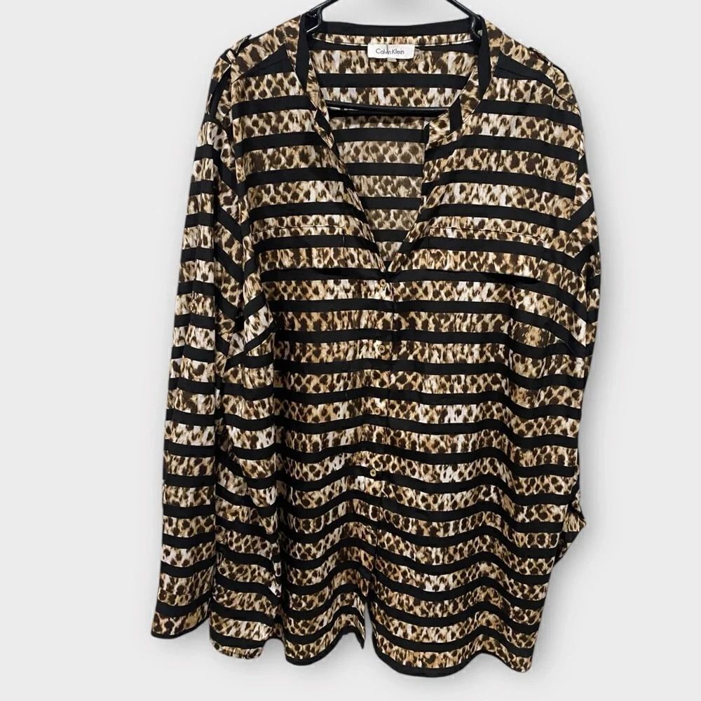 Calvin Klein Button Down Long Sleeve Top Size 3X Mixed Print
